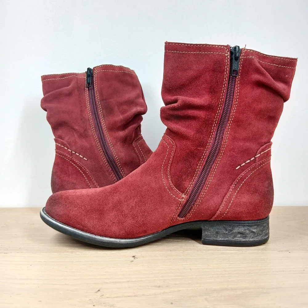 Earth Ankle Boots Women 8W Red Suede Slouchy Buckle Zip Relief Pod Mid Calf